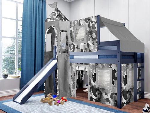 Castle Twin Low Loft Bed BLUE, Slide, Gray Camo Tent