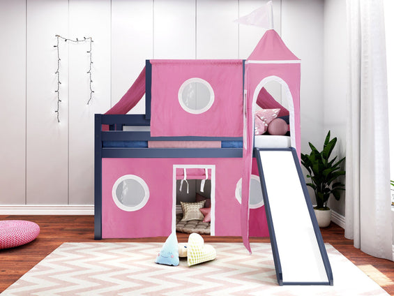 Princess Twin Low Loft Bed BLUE, Slide, Pink White Tent