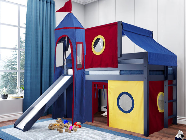 This Low Loft Castle Bed in Blue with a Red, Blue and Yellow Tent will look great in your Home