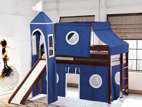 Castle Twin Low Loft Bed CHERRY, Slide, Blue White Tent