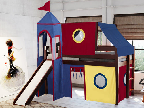 Castle Twin Low Loft Bed CHERRY, Slide, Red Blue Yellow Tent