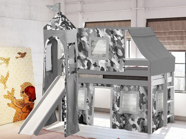 This Low Loft Castle Bed in Gray with a Gray Camo Tent will look great in your Home