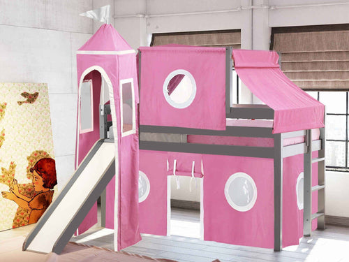 Princess Twin Low Loft Bed GRAY, Slide, Pink White Tent