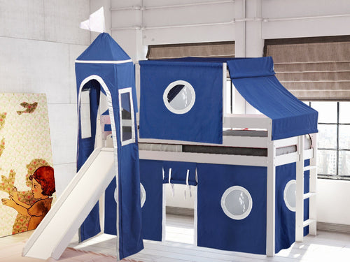 Castle Twin Low Loft Bed WHITE, Slide, Blue White Tent