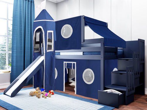 Castle Twin Loft Bed BLUE, Stairs Slide Blue White Tent