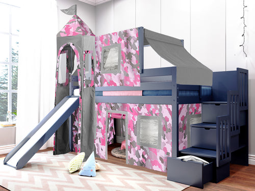 Princess Twin Loft Bed BLUE, Stairs Slide Pink Camo Tent