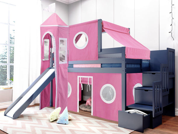 This Low Loft Princess Bed with a Stairway in Blue with a Pink & White Tent will look great in your Home