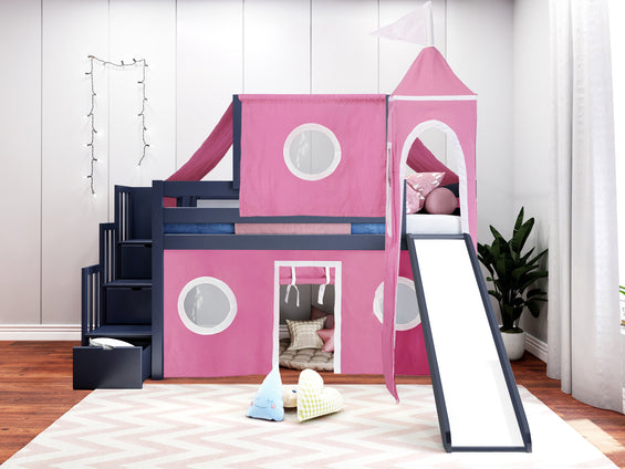 Princess Twin Loft Bed BLUE, Stairs Slide Pink White Tent