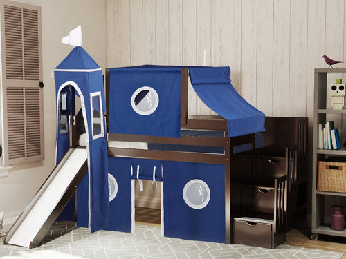 Castle Twin Loft Bed CHERRY, Stairs Slide Blue White Tent