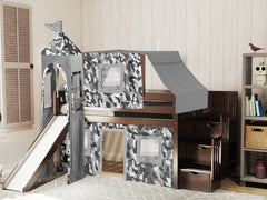 This Low Loft Castle Stairway Bed in Gray with a Gray Camo Tent will look great in your Home