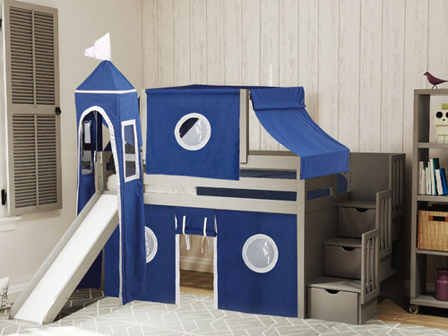 Castle Twin Loft Bed GRAY, Stairs Slide Blue White Tent