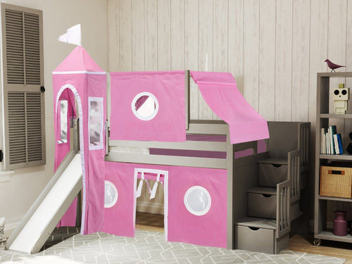 Princess Twin Loft Bed GRAY, Stairs Slide Pink White Tent