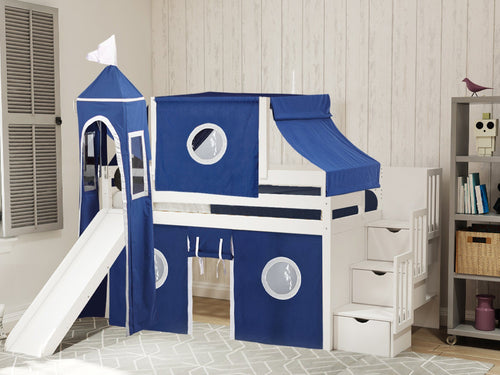 Castle Twin Loft Bed WHITE, Stairs Slide Blue White Tent