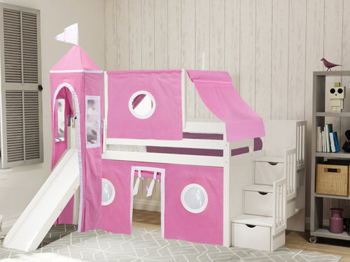 Princess Twin Loft Bed WHITE, Stairs Slide Pink White Tent