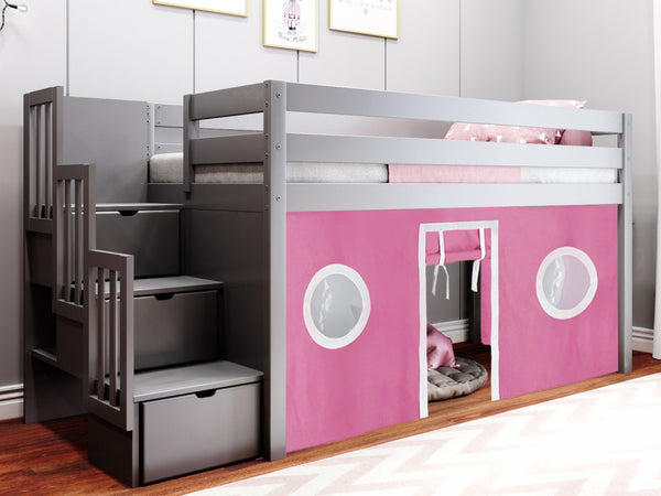 This Contemporary Low Loft Bed in Gray with a Pink & White Tent will look great in your Home