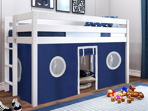 Twin Low Loft Bed, WHITE with Blue and White Tent