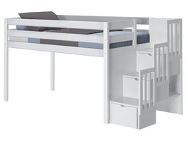 Contemporary Twin Low Loft Bed with 3 Drawer Stairway, White