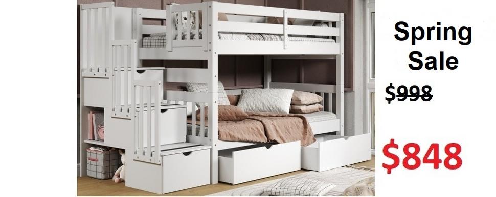 Bedz King Twin over Twin Stairway Bunk Bed with 2 Under-Bed Drawers in White on Sale for $848 - Saves you $150
