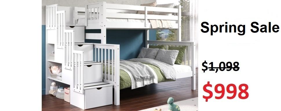 Bedz King Twin over Full Stairway Bunk Bed in White on Sale for $998 - Saves you $100